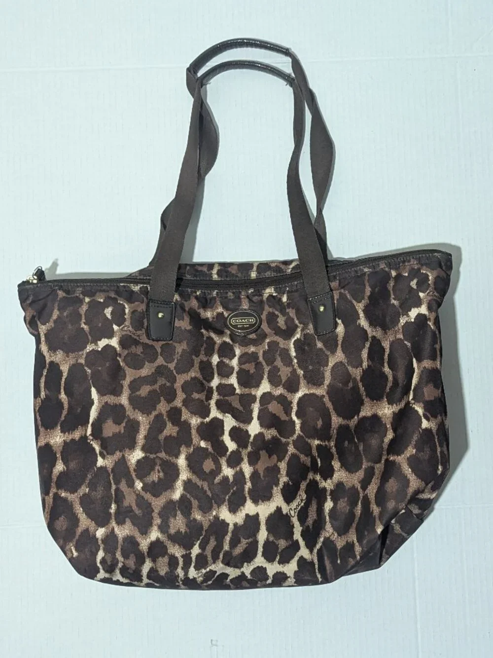 Coach Leopard Print Nylon Weekender Tote Bag Travel Carryall Zip Top NO Pouch - Picture 3 of 10